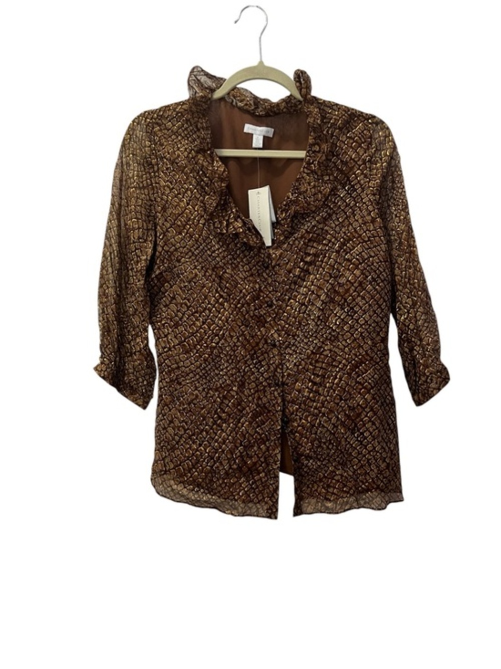 NWT Charter Club Cocoa Brown & Gold Metallic Tuscany Ruffle-Trim Blouse 6
